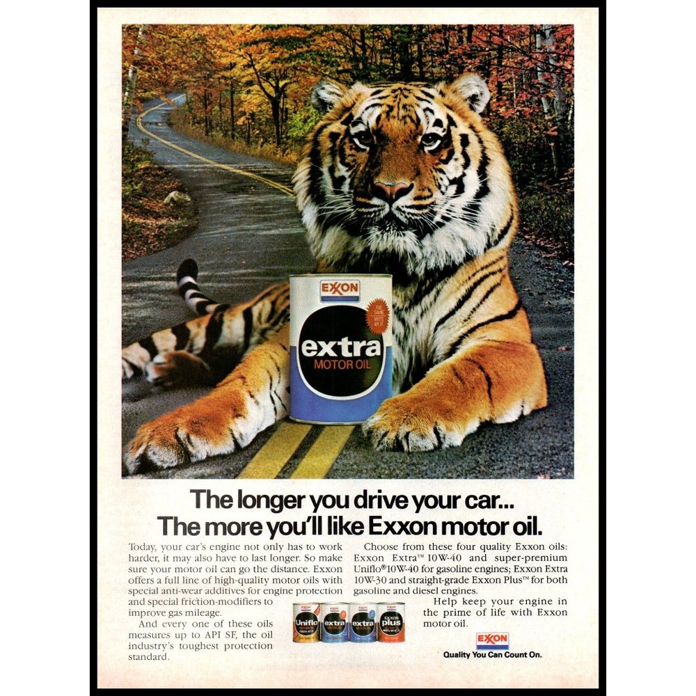 1984 Exxon Extra Motor Oil Vintage Print Ad Tiger Autumn Fall Leaves Wall Art